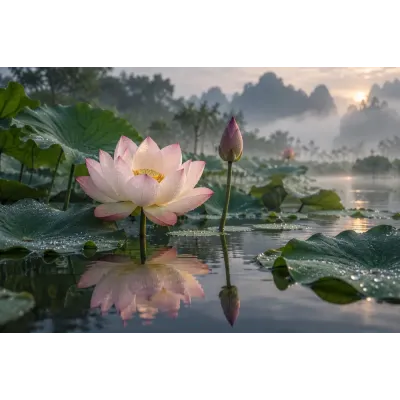 Sisli Gölde Lotus Çiçeği Kanvas Tablo