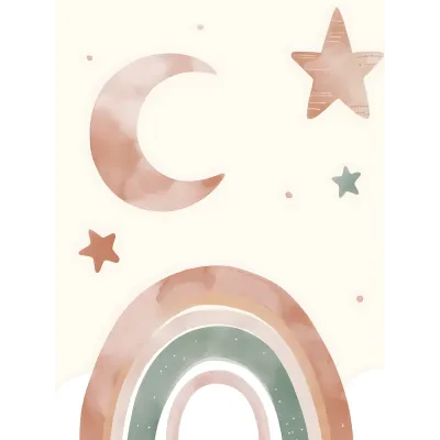 Ay ve Yıldızlı Boho Gökkuşağı Çocuk Odası Kanvas Tablo