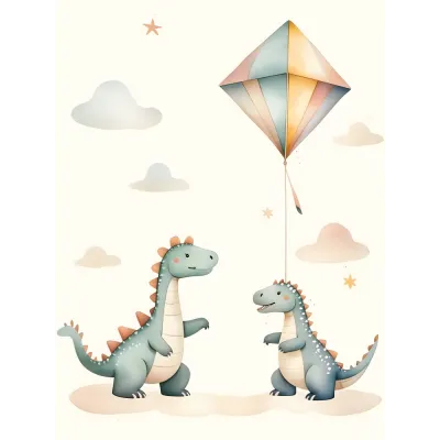 Uçurtma Uçuran Dinozorlar Çocuk Odası Kanvas Tablo
