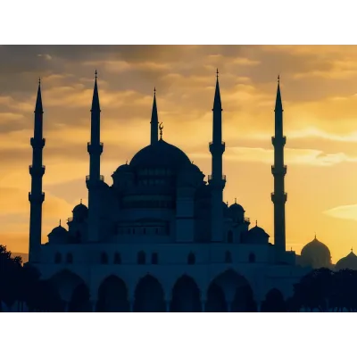 Altın Detaylı Gün Batımında Cami Kanvas Tablo