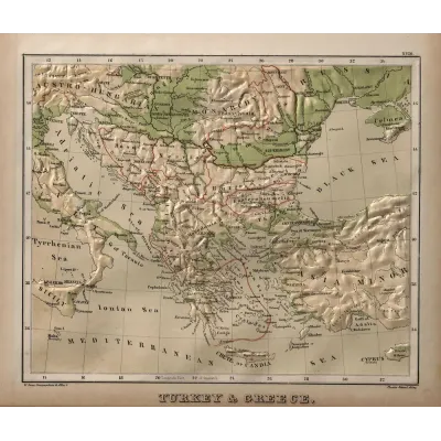 Swan Sonnenschein Yunanistan ve Batı Anadolu Fiziki Haritası 1880 Kanvas Tablo