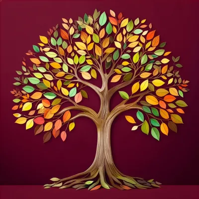 Bordo Zeminde Dört Mevsim Suluboya Hayat Ağacı Kanvas Tablo