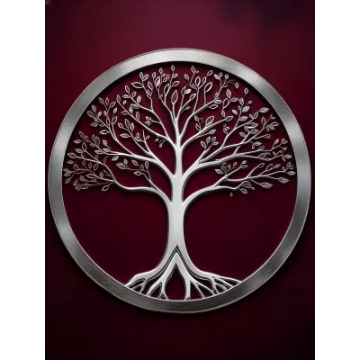 Bordo Zeminde Kökleri Görünen Gümüş Hayat Ağacı Kanvas Tablo