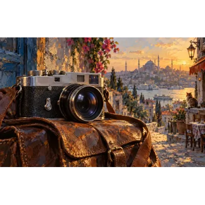 İstanbul Manzarasında Eski Fotoğraf Makinesi Kanvas Tablo