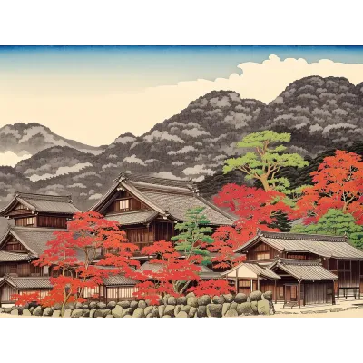 Dağ Eteğinde Japon Evleri Kanvas Tablo