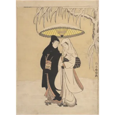 Harunobu Karda Yürüyen Sevgililer Kanvas Tablo
