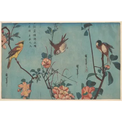Hiroshige Kuşlar ve Çiçekler Üçlüsü Kanvas Tablo
