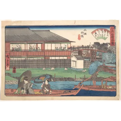 Hiroshige Yanagibashi'de Nehir Kıyısı Kanvas Tablo
