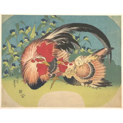 Hokusai Horoz, Tavuk ve Civciv Kanvas Tablo