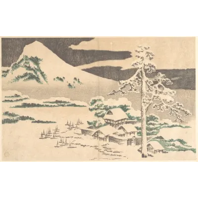 Hokusai Kışın Sahil Köyü Kanvas Tablo