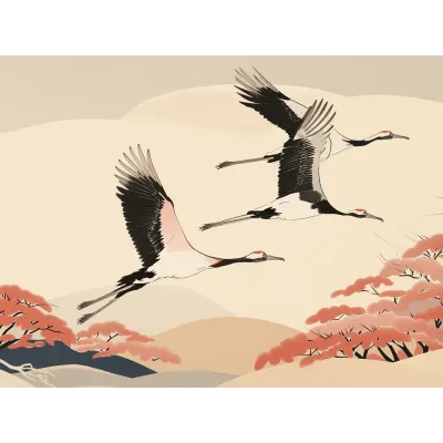 Japon Baskı Turna Kuşları Kanvas Tablo