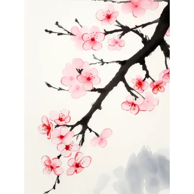 Japon Mürekkep Sakura Dalı Kanvas Tablo