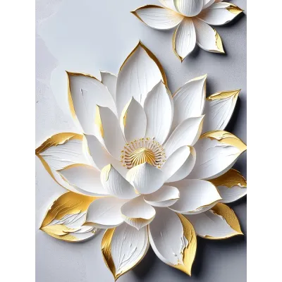 Beyaz Altın Kabartma Görünümlü Lotus Kanvas Tablo