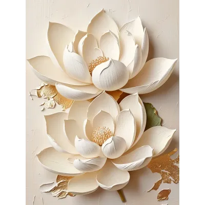 Krem Kabartma Görünümlü Lotus Kanvas Tablo