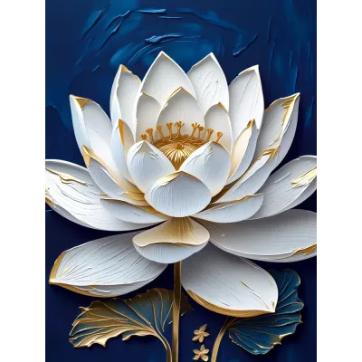 Lacivert Kabartma Görünümlü Lotus Kanvas Tablo
