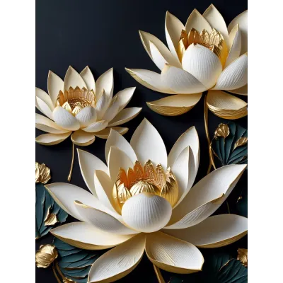 Siyah Altın Kabartma Görünümlü Lotus Kanvas Tablo