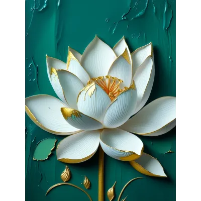 Zümrüt Kabartma Görünümlü Lotus Kanvas Tablo