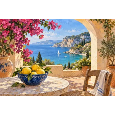 Begonvilli Akdeniz Terası ve Limonlar Kanvas Tablo