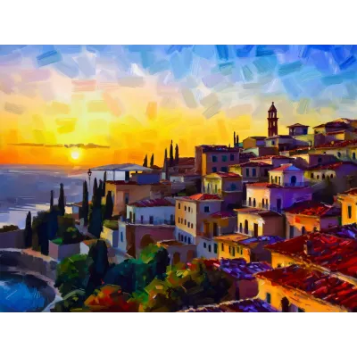 Gün Batımında Taş Evler Kanvas Tablo