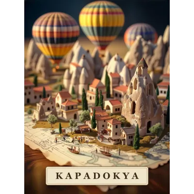 Haritadan Yükselen Kapadokya Minyatürü Kanvas Tablo