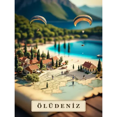 Haritadan Yükselen Muğla Ölüdeniz Minyatürü Kanvas Tablo