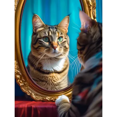 Aynada Kendini Beğenen Kedi Kanvas Tablo