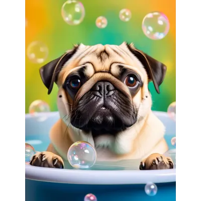 Banyoda Köpüklü Pug Kanvas Tablo