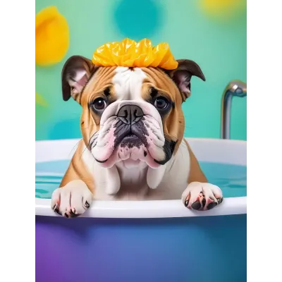 Çiçekli Boneyle Banyoda Bulldog Kanvas Tablo