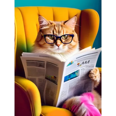 Gözlüklü Gazete Okuyan Kedi Kanvas Tablo