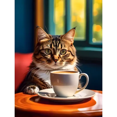 Kahve İçen Kedi Kanvas Tablo