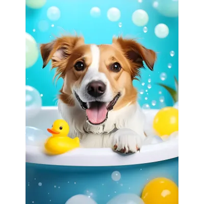 Köpük Banyosunda Mutlu Köpek Kanvas Tablo