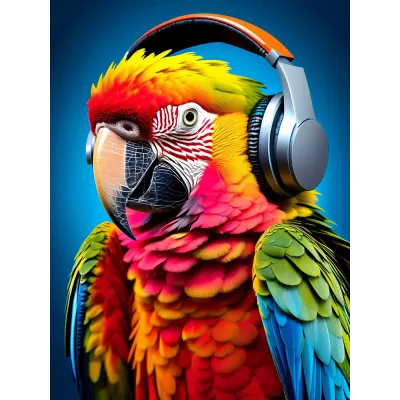 Kulaklıkla Müzik Dinleyen Papağan Kanvas Tablo