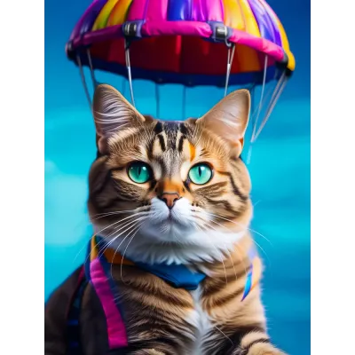 Paraşütle Atlayan Kedi Kanvas Tablo