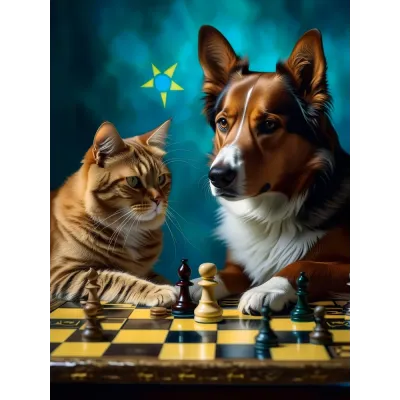 Satranç Oynayan Kedi ve Köpek Kanvas Tablo