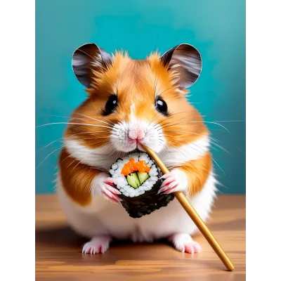 Suşi Yiyen Hamster Kanvas Tablo