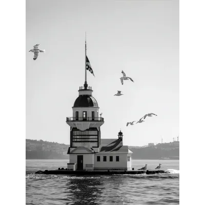 Minimal Siyah Beyaz Kız Kulesi Kanvas Tablo