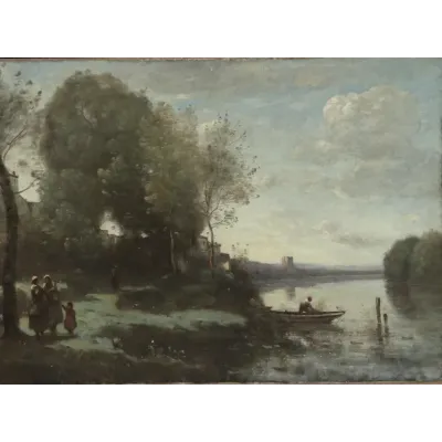 Camille Corot Uzakta Kuleli Nehir Kanvas Tablo