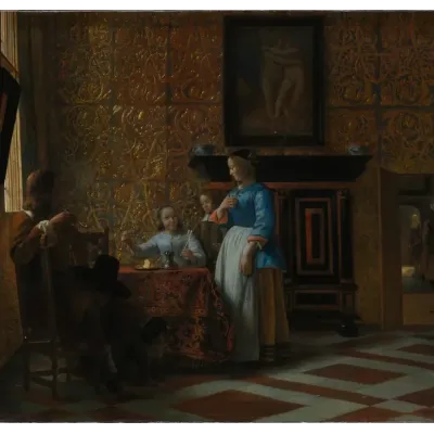 Pieter de Hooch Zarif Bir Salonda Boş Vakit Kanvas Tablo