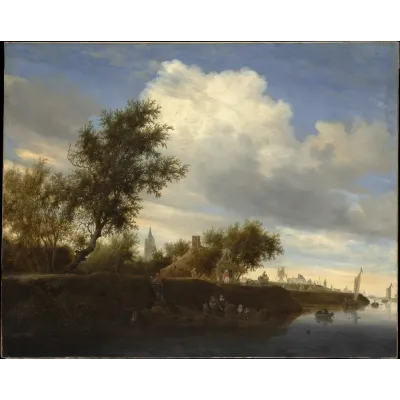 Salomon van Ruysdael Gorinchem Yakınında Feribot Kanvas Tablo