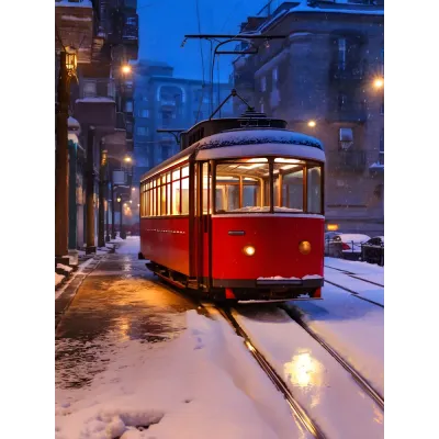Karlı İstiklal Caddesi Nostaljik Tramvay Kanvas Tablo