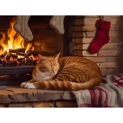 Şömine Başında Uyuyan Kedi Kanvas Tablo