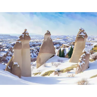 Suluboya Karlı Kapadokya IV Kanvas Tablo
