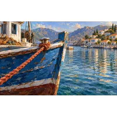 Denizcilik Tablosu Limanda Ahşap Tekne Kanvas Tablo