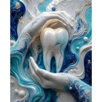 Diş Kliniği Tablosu Mavi Dalgalarda Beyaz Diş ve Eller Kanvas Tablo
