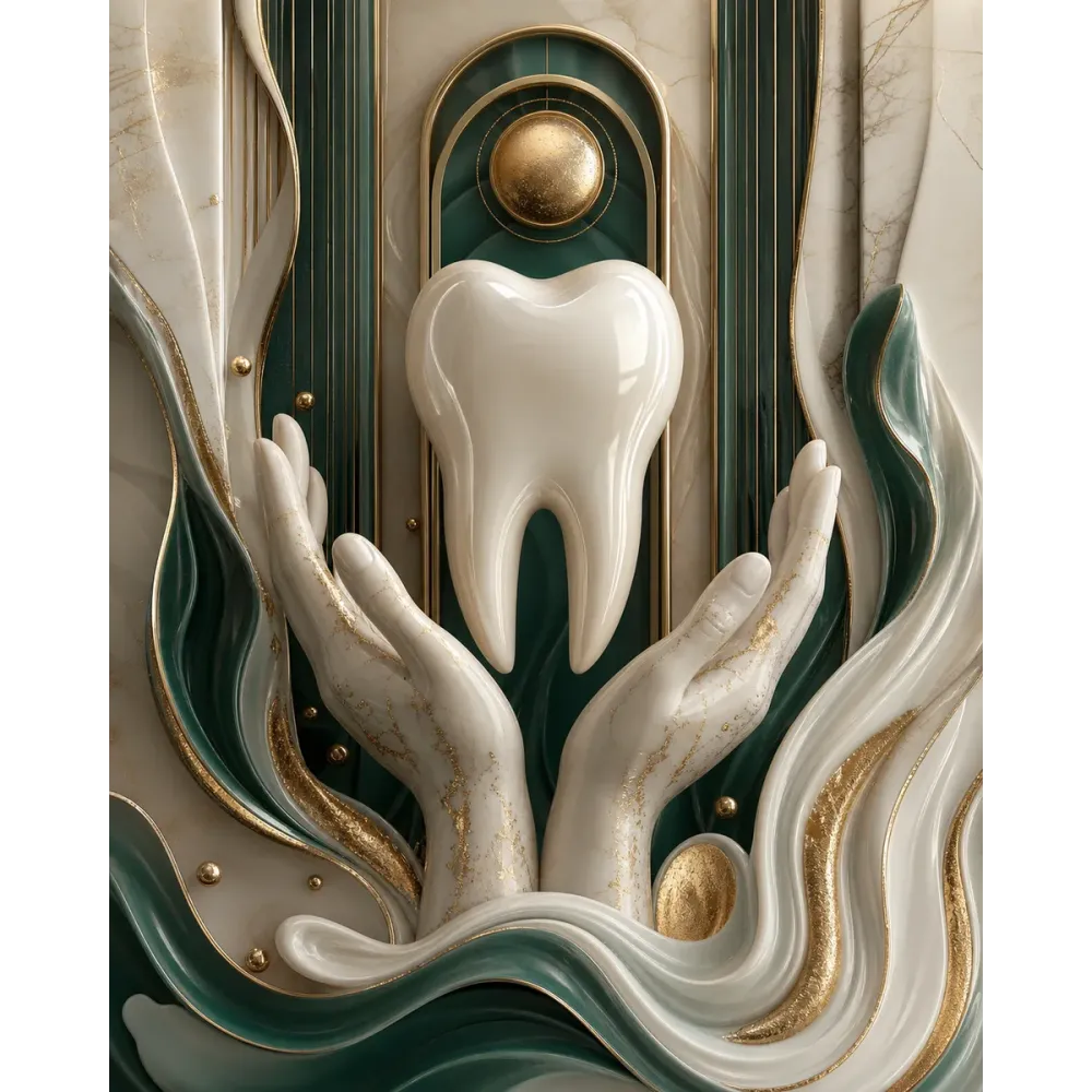 Diş Kliniği Tablosu Yeşil Art Deco Zeminde Diş Sağlığı Kanvas Tablo