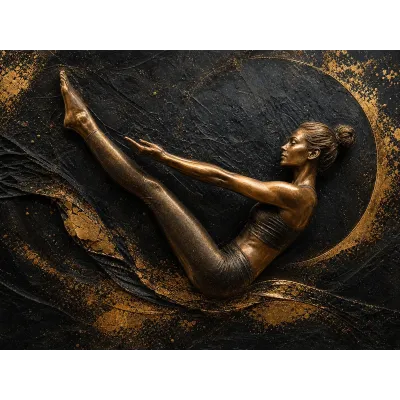 Pilates Stüdyosu Tablosu Siyah Altın Zeminde Bronz Denge Duruşu Kanvas Tablo