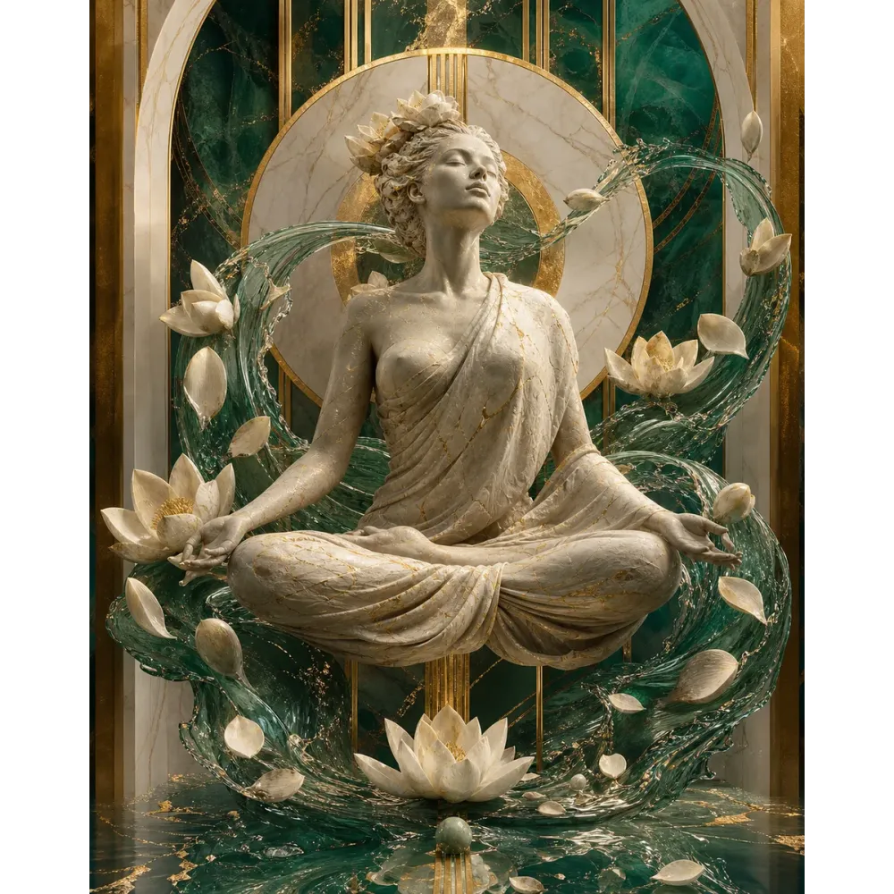 Spa ve Masaj Salonu Tablosu Yeşil Nilüferli Meditasyon Duruşu Kanvas Tablo