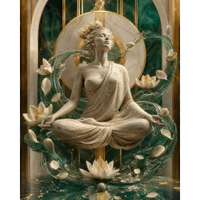 Spa ve Masaj Salonu Tablosu Yeşil Nilüferli Meditasyon Duruşu Kanvas Tablo