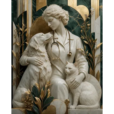 Veteriner Kliniği Tablosu Yeşil Yapraklı Veteriner Kedi ve Köpek Kanvas Tablo