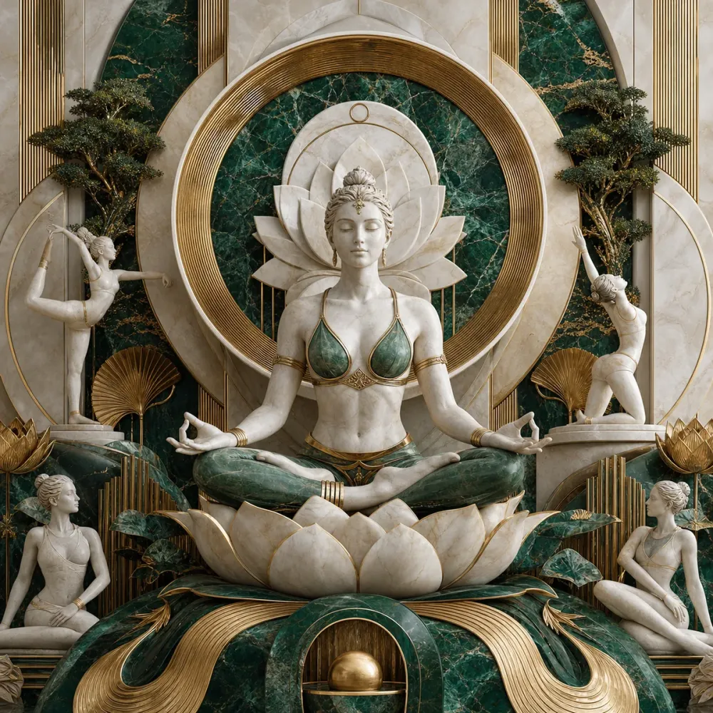 Yoga Stüdyosu Tablosu Zümrüt Nilüferli Beyaz Meditasyon Heykeli Kanvas Tablo